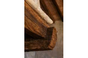 Close up shot of the fireplace juction between the cantilivered shelf and the front beam